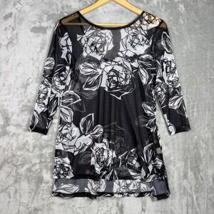 Lynn Ritchie Mesh Top Rose Print V-Back Small Black Sheer Romantic Whimsigoth